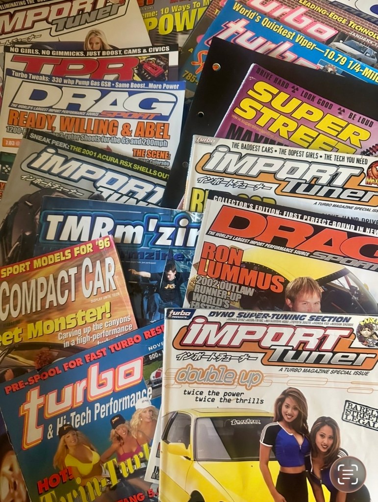 My stack of import tuner magazines dating back to the early 2000's from import tuner, sport compact car, turbo & hi-tech performance to Super Street.
